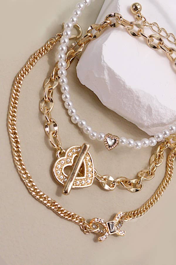 Bow Heart 3 Row Bracelet Stack