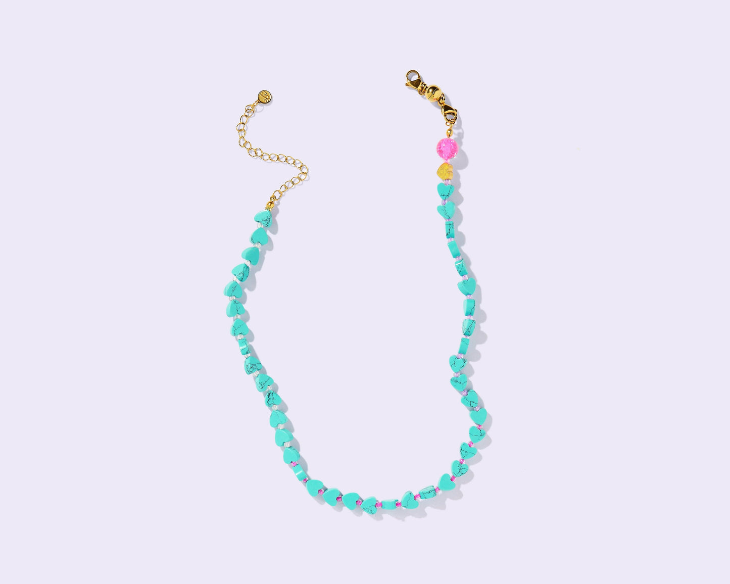 Beaded Necklace - Marbled Turquoise Hearts + Pink - Janey