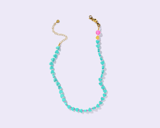 Beaded Necklace - Marbled Turquoise Hearts + Pink - Janey