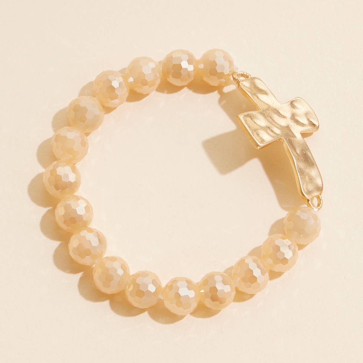 Glass Beaded Stretch Bracelet with Hammered Cross Charm