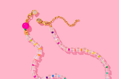 Beaded Necklace - Marbled Turquoise Hearts + Pink - Janey