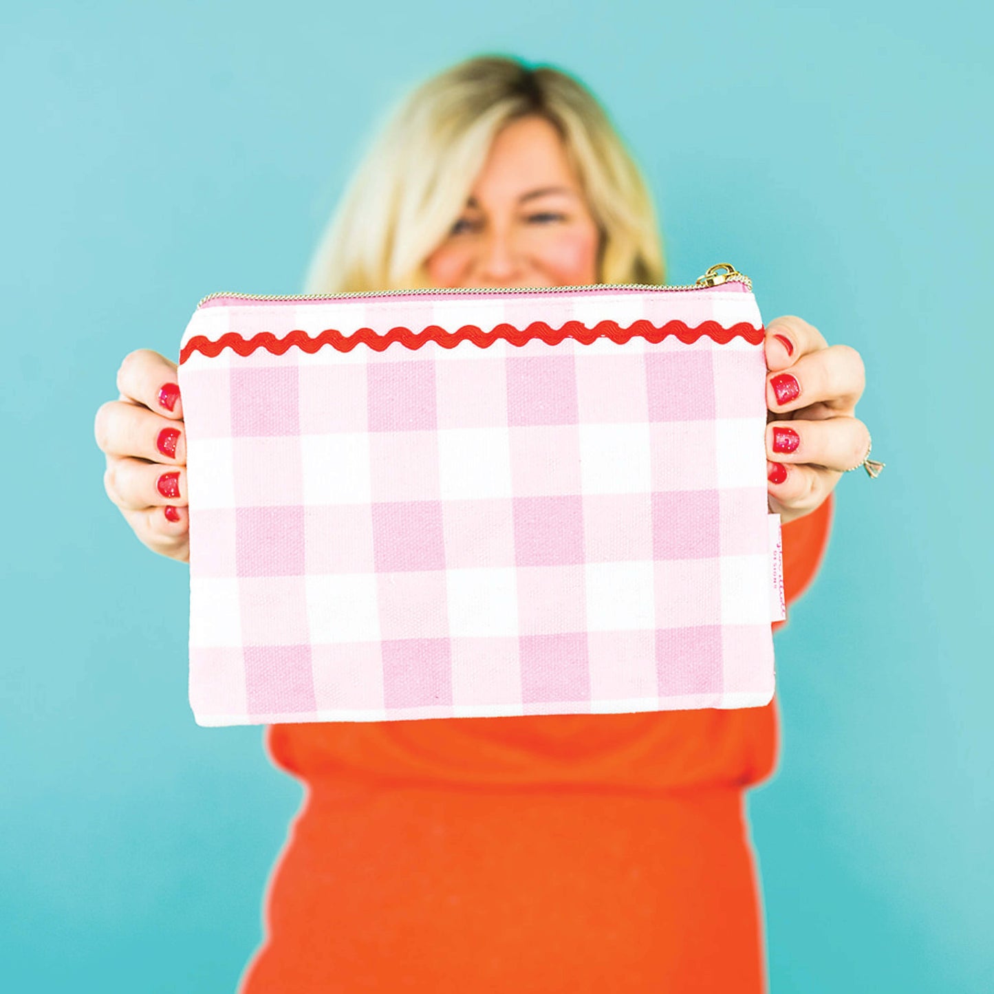 Medium Red & Pink Pom-Pom Pouch – Gingham Cosmetic & Organizer Bag