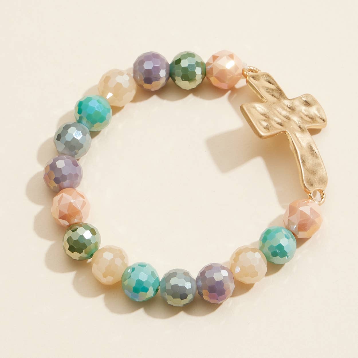 Glass Beaded Stretch Bracelet with Hammered Cross Charm