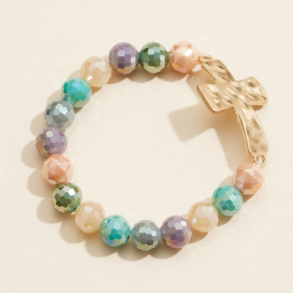Glass Beaded Stretch Bracelet with Hammered Cross Charm