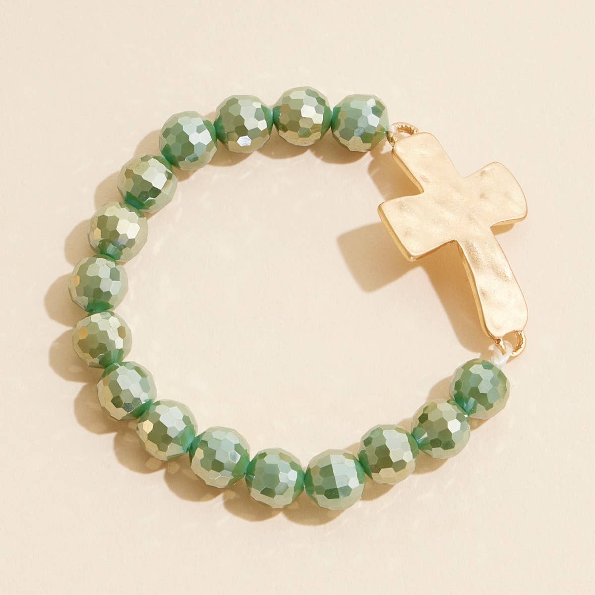 Glass Beaded Stretch Bracelet with Hammered Cross Charm