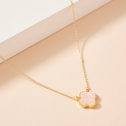 Flower Charm Druzy Stone Short Necklace