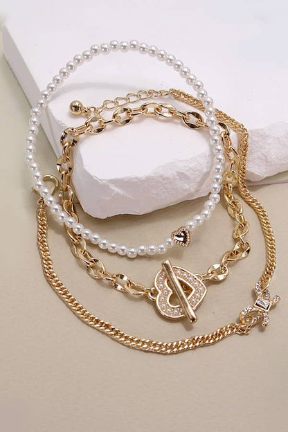 Bow Heart 3 Row Bracelet Stack
