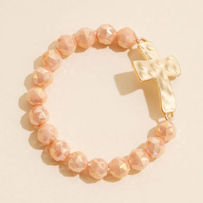 Glass Beaded Stretch Bracelet with Hammered Cross Charm