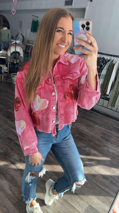 Sequin Heart Corduroy Cropped Shacket