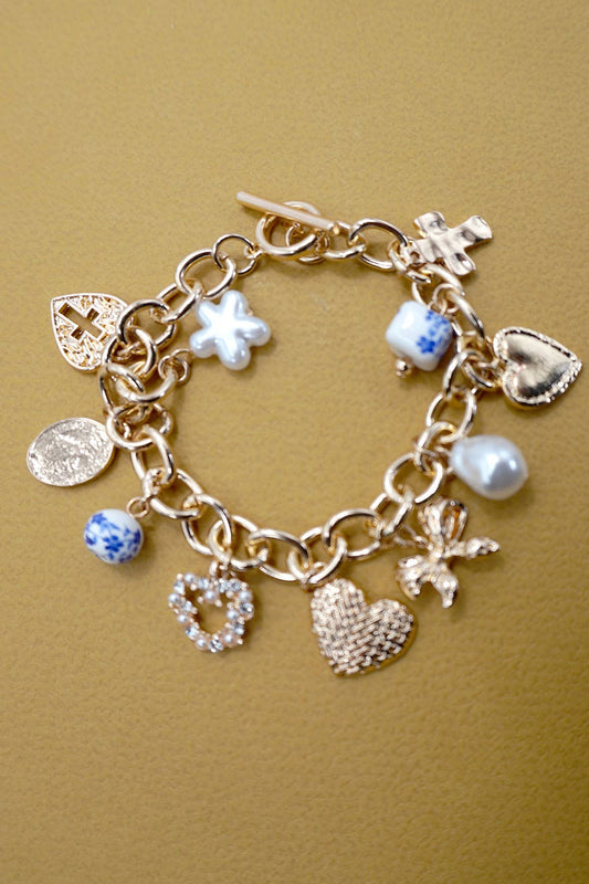 Blue Porcelain Heart & Pearl Multi-Charm Toggle Bracelet – Gold Plate