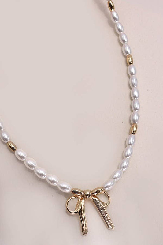 Golden Bow Pearl Charm Necklace