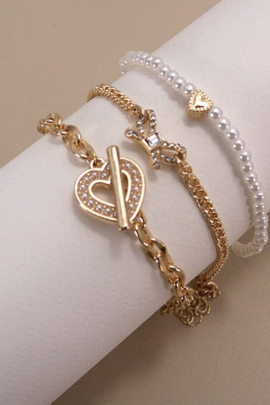 Bow Heart 3 Row Bracelet Stack