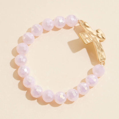 Glass Beaded Stretch Bracelet with Hammered Cross Charm
