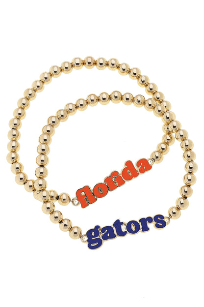 Florida Gators Slogan Ball Bead Bracelet Set of 2 in Orange/Blue/Shiny Gold