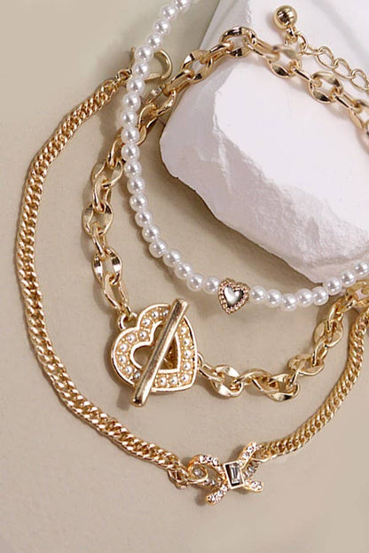 Bow Heart 3 Row Bracelet Stack
