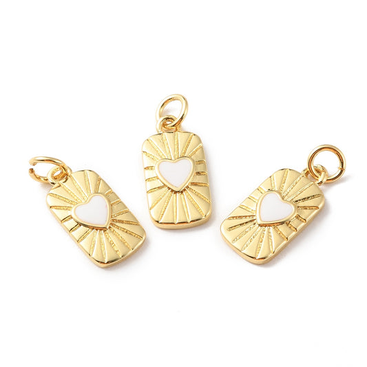 White Heart Rectangle Medallion Charm Gold