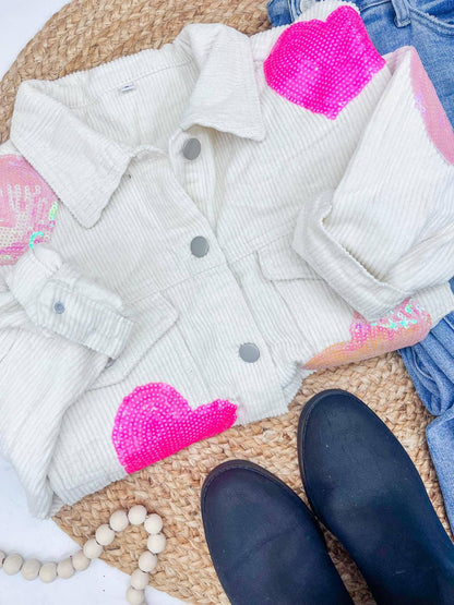 Sequin Heart Corduroy Cropped Shacket