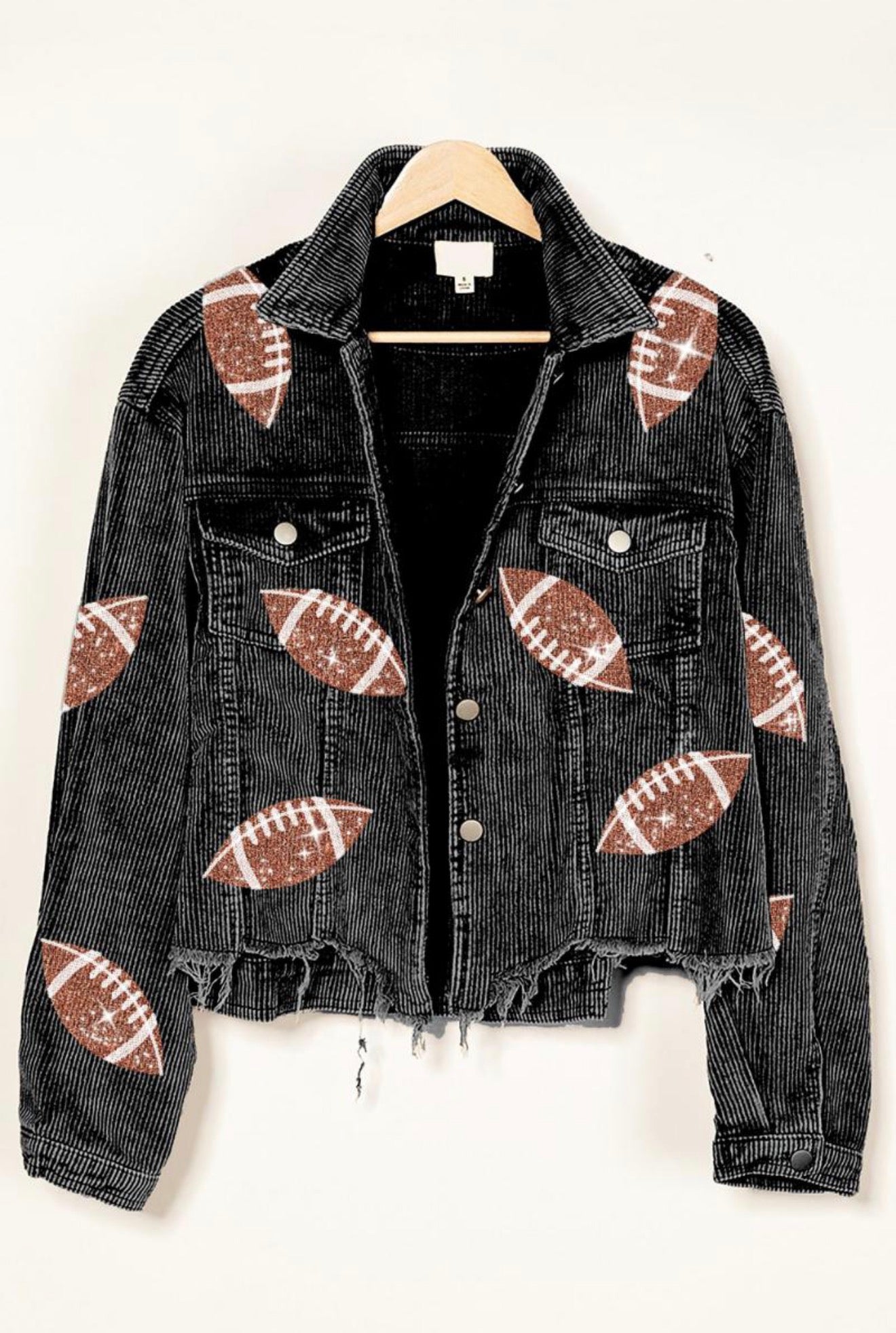 Women’s Sequin Football Corduroy Crop Jacket – Vintage Game Day Statement Outerwear