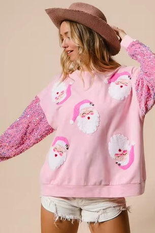 Sequin Sleeve Santa Pullover – Cozy Loose-Fit Holiday Sweatshirt