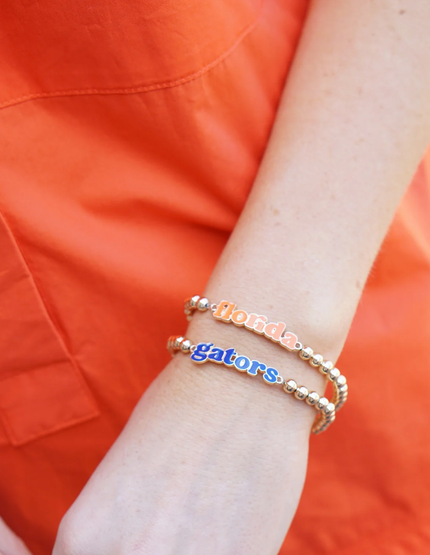 Florida Gators Slogan Ball Bead Bracelet Set of 2 in Orange/Blue/Shiny Gold