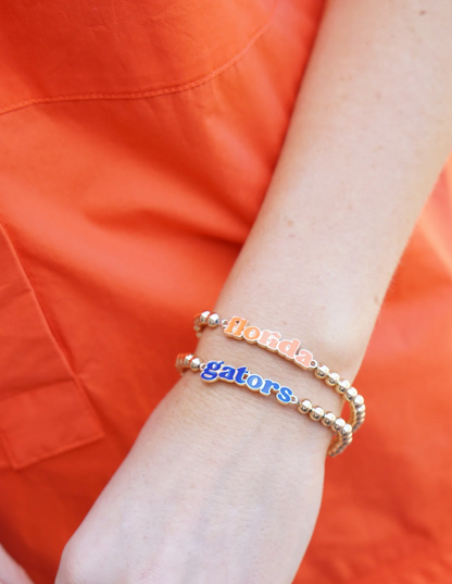 Florida Gators Slogan Ball Bead Bracelet Set of 2 in Orange/Blue/Shiny Gold