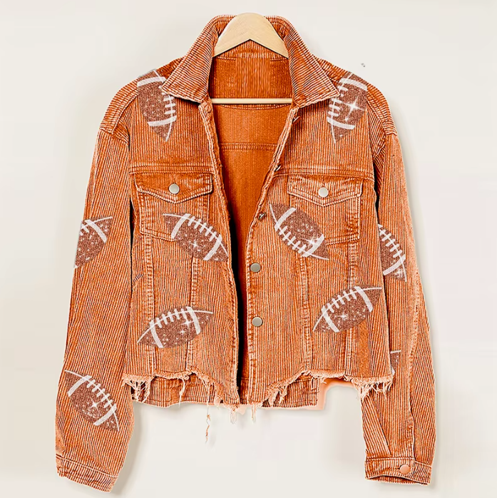Women’s Sequin Football Corduroy Crop Jacket – Vintage Game Day Statement Outerwear