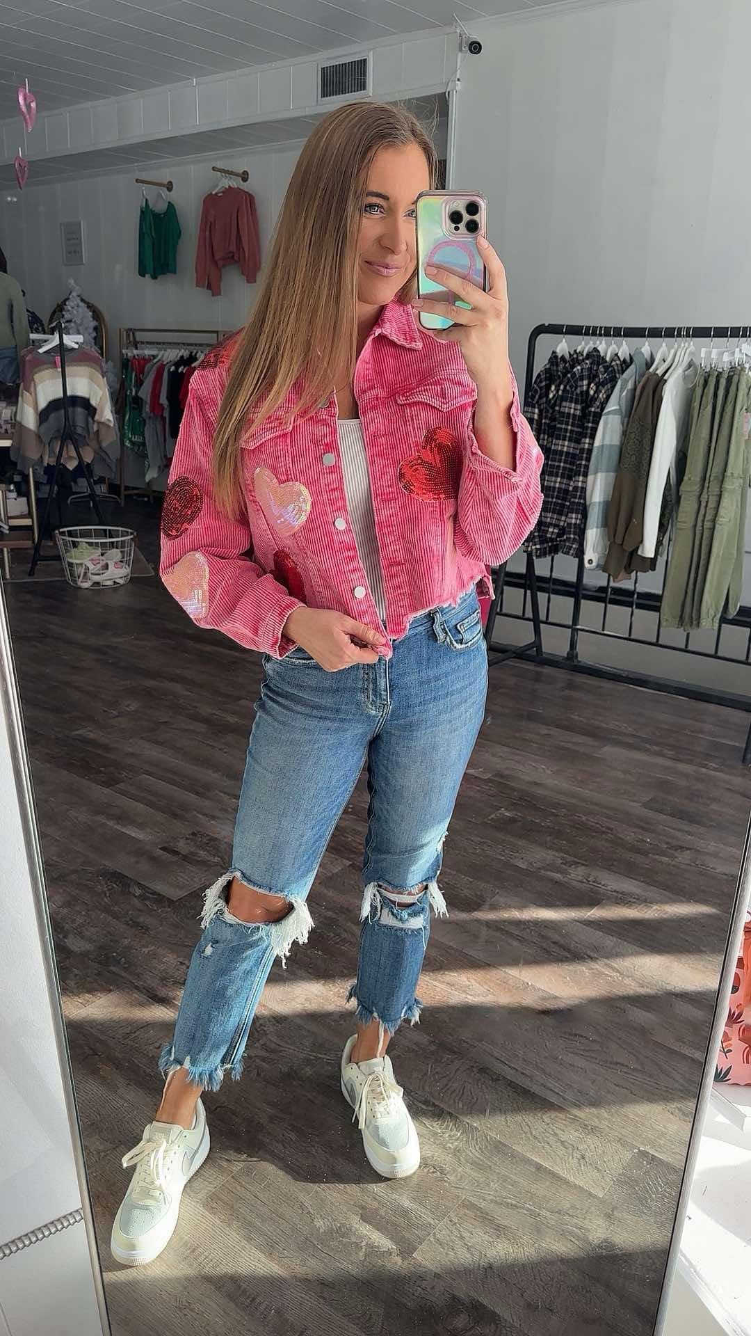 Sequin Heart Corduroy Cropped Shacket