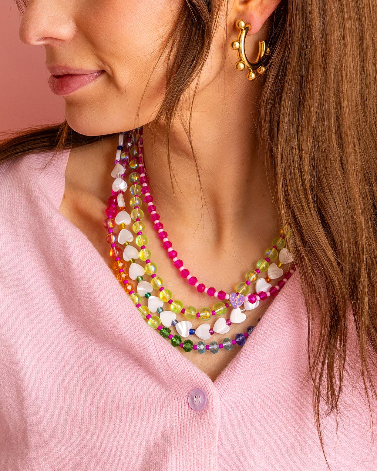 Beaded Necklace - Multi-Colored + Pink - Natalie
