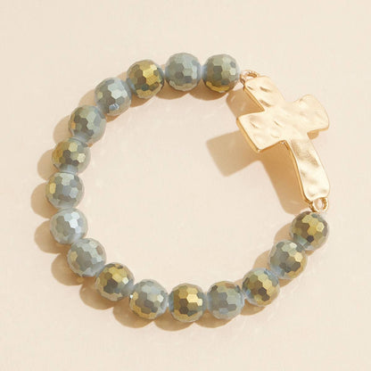 Glass Beaded Stretch Bracelet with Hammered Cross Charm