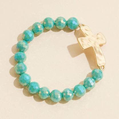 Glass Beaded Stretch Bracelet with Hammered Cross Charm