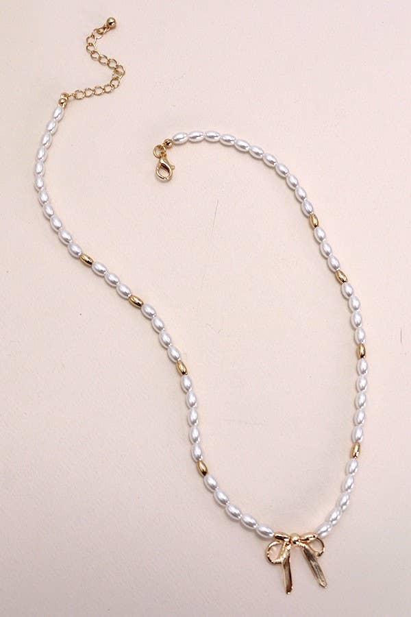 Golden Bow Pearl Charm Necklace