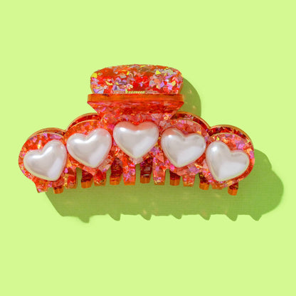 Confetti Claw Clip – Red & Pink Hair Accessory with Pearl Details