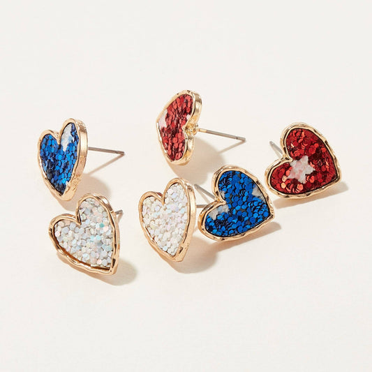 America Glitter Heart Stud Earring Set — 6 Pack