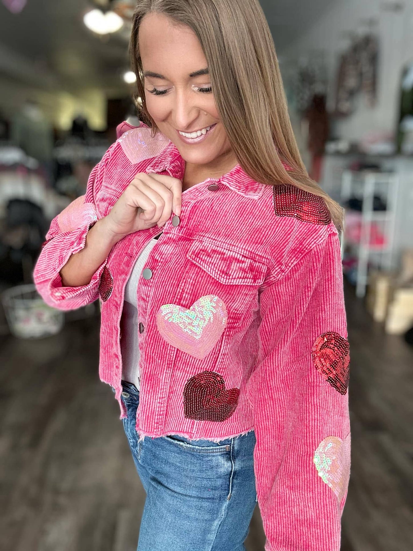 Sequin Heart Corduroy Cropped Shacket