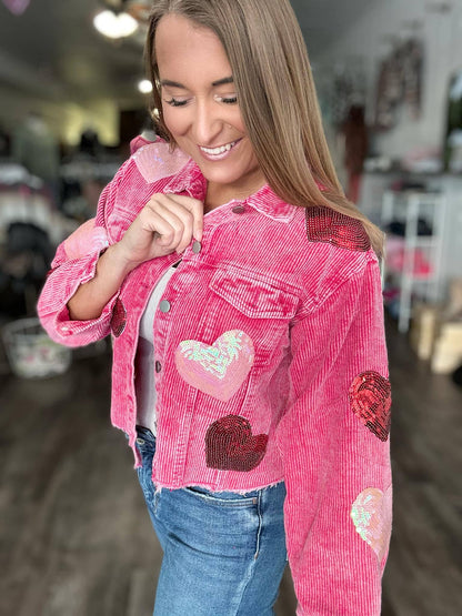 Sequin Heart Corduroy Cropped Shacket