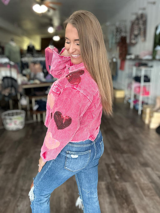 Sequin Heart Corduroy Cropped Shacket