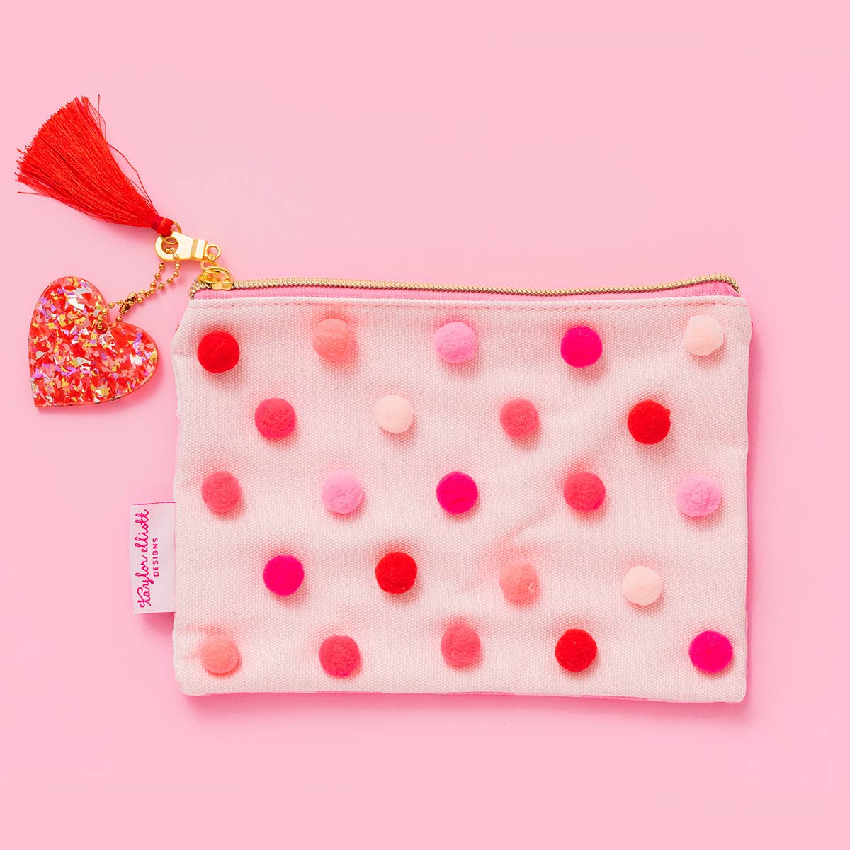 Medium Red & Pink Pom-Pom Pouch – Gingham Cosmetic & Organizer Bag